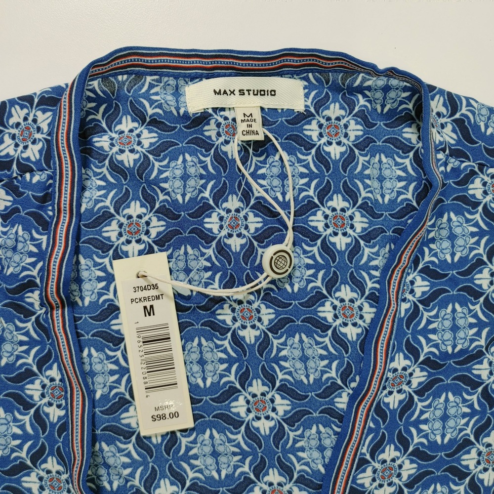 Max Studio Blouse Tie Front Blue‎ Patterned Ruffle Sleeve Size M Pull Over - Picture 3 of 9